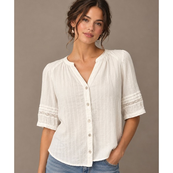 beachlunchlounge Tops - New Cottagecore Lace Top S/M White Dobby Stripe Lace Boho Feminine Beachy Fairy